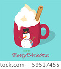 Vector illustration of Christmas eggnog latte drink with whipped cream and cinnamon stick in a red mug with snowman and A Cup of Merry Christmas handwritten style text on light blue background. 59517455