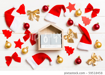 Top view of calendar on Christmas wooden 59518458