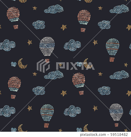 Watercolor seamless pattern with air baloons sky clouds stars in cute baby stitch embroidery style 59518482