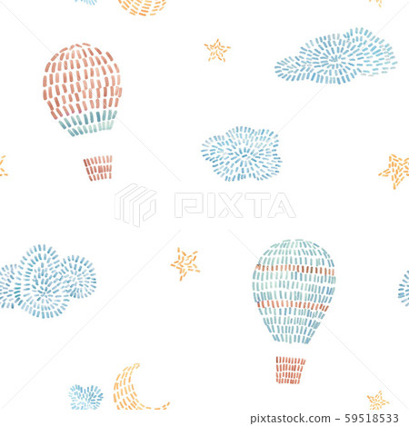 Watercolor seamless pattern with air baloons, sky, clouds, stars, in cute baby stitch embroidery 59518533