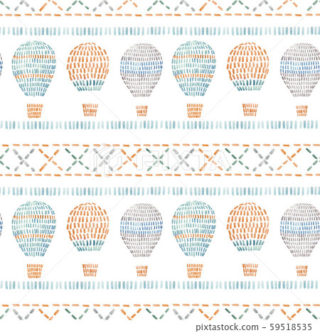 Watercolor seamless pattern with air baloons, sky, clouds, stars, in cute baby stitch embroidery 59518535