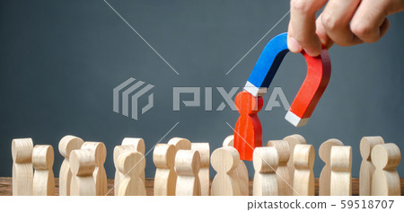 businessman pulls out a red figure of a man from the crowd with the help of a magnet. leader manages the business and forms a team. toxic, incompetent worker. Increase team efficiency, productivity. businessman pulls out a red figure of a man from the crowd with the help of a magnet. leader manages the business and forms a team. toxic, incompetent worker. Increase team efficiency, productivity. 59518707