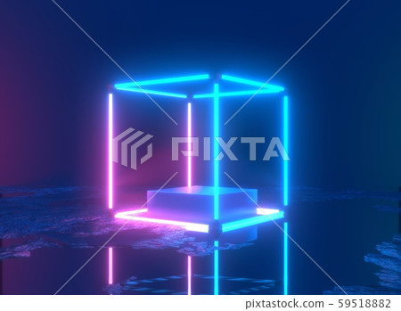 Neon background. 3d rendering pedestal, shiny metallic podium with glowing square frame. Blank Neon background. 3d rendering pedestal, shiny metallic podium with glowing square frame. Blank 59518882