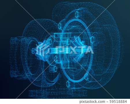 Turbocharger wire-frame glow background. Parts for cars. Power gain impeller. 3d rendering 59518884