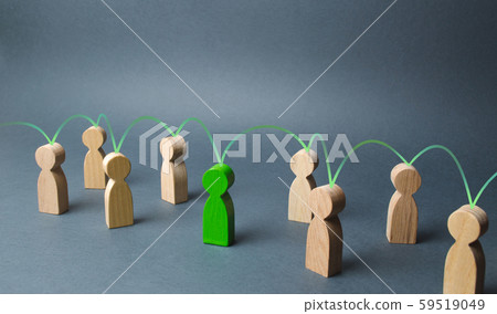The green figure of a person unites other people around him. Social connections, communication. Organization. Call for cooperation, creating a new team. Leader and leadership, coordination and action, The green figure of a person unites other people around him. Social connections, communication. Organization. Call for cooperation, creating a new team. Leader and leadership, coordination and action, 59519049