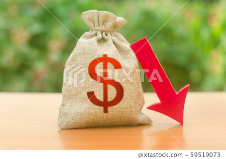 Money bag with dollar symbol and red arrow down. Reduced tax revenues, economic difficulties, departure of capital, investors. Falling wages and welfare. Low profits and liquidity of investments. Money bag with dollar symbol and red arrow down. Reduced tax revenues, economic difficulties, departure of capital, investors. Falling wages and welfare. Low profits and liquidity of investments. 59519073
