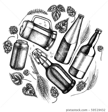 Round design with black and white rye, hop, mug of beer, bottles of beer, aluminum can Round design with black and white rye, hop, mug of beer, bottles of beer, aluminum can 59519432
