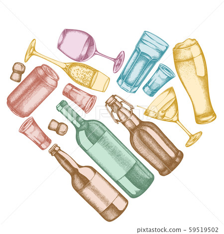 Heart design with pastel glass, champagne, mug of beer, alcohol shot, bottles of beer, bottle of Heart design with pastel glass, champagne, mug of beer, alcohol shot, bottles of beer, bottle of 59519502