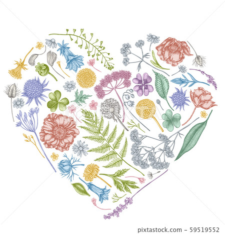 Heart floral design with pastel shepherd's purse, heather, fern, wild garlic, clover, globethistle Heart floral design with pastel shepherd's purse, heather, fern, wild garlic, clover, globethistle 59519552