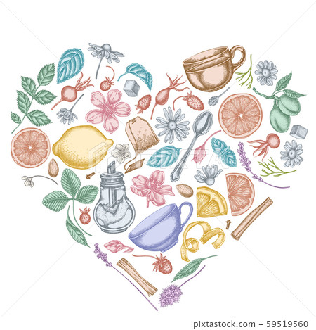 Heart design with pastel cinnamon, lemons, oranges, tea bag, sugar cubes, heather, chamomile, dog Heart design with pastel cinnamon, lemons, oranges, tea bag, sugar cubes, heather, chamomile, dog 59519560