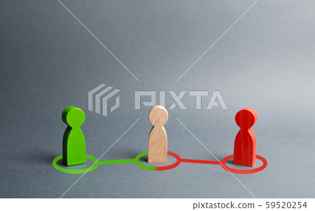 Red and green people want to recruit person in the center to his side. Pressure, influence on person opinion. Search for allies, fight for votes. Passion in the conflict of third parties. 59520254