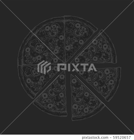 Vintage drawing, pizza, table, organic food ingredients. Hand drawn pizza illustration. Great for 59520657