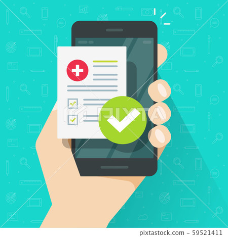 Medical prescription online or digital medicine test results with approved check mark form on person Medical prescription online or digital medicine test results with approved check mark form on person 59521411