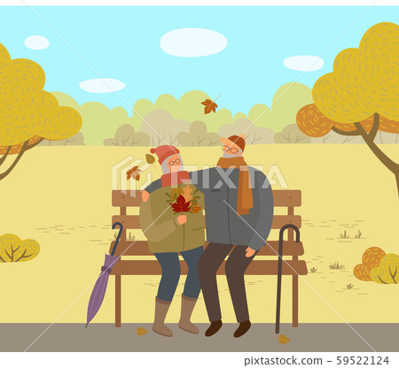 People Sitting on Bench in Autumn Park, Old Couple 59522124