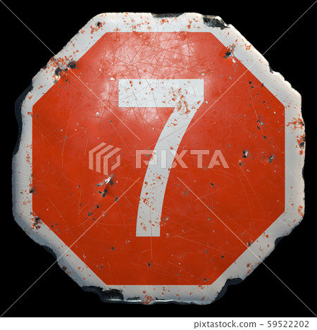 Public road sign in red and white with a capitol letter 7 in the center isolated on black background 59522202