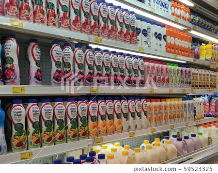 Selected focused on the dairy product such as milk, yogurt and prebiotic drinks displayed on cool chiller rack in the supermarkets. Selected focused on the dairy product such as milk, yogurt and prebiotic drinks displayed on cool chiller rack in the supermarkets. 59523325