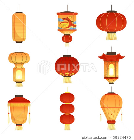 Chinese festival lanterns. China street asian chinatown wedding paper lanterns vector cartoon Chinese festival lanterns. China street asian chinatown wedding paper lanterns vector cartoon 59524470