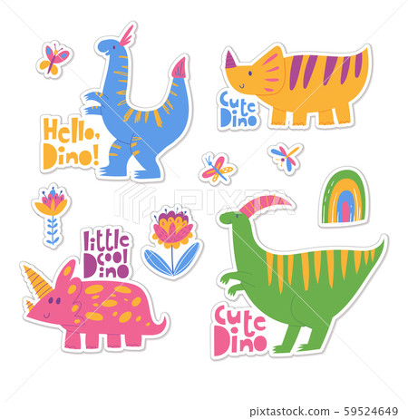 differents stickers with cool dinosaurs, plants and lettering. 59524649
