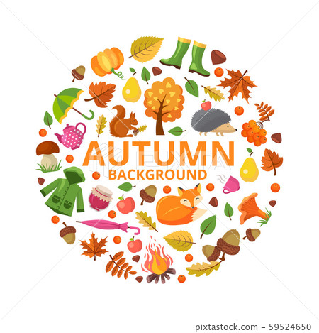 Autumn collection circle. Fall branch animals and orange yellow leaves symbols of autumn vector 59524650