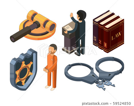 Law justice isometric. Legal hamer courtroom punishment prosecution 3d vector symbol isolated on 59524850