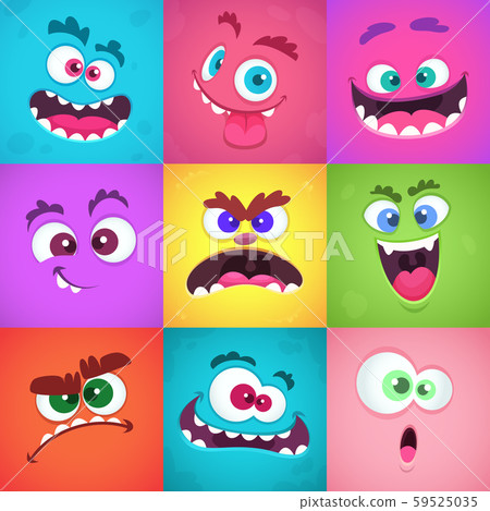 Monsters emotions. Scary faces masks with mouth and eyes of aliens monsters vector emoticon set 59525035