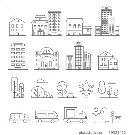 Buildings and urban objects. Vector linear pictures of cars, house and urban trees Buildings and urban objects. Vector linear pictures of cars, house and urban trees 59525412