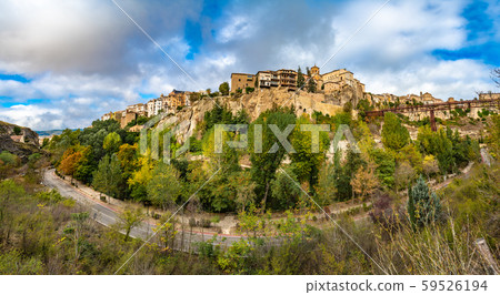 Panoramic view of Cuenca and famous hanging houses, Spain. 59526194