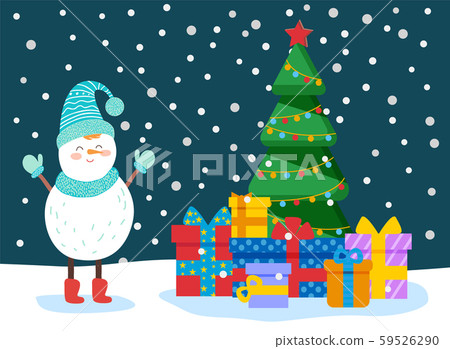 Winter Card with Snowman, Tree and Gift Vector Winter Card with Snowman, Tree and Gift Vector 59526290