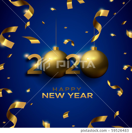 New Year 2020 3d gold bauble blue greeting card New Year 2020 3d gold bauble blue greeting card 59526483
