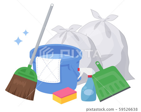Illustration of bucket and cleaning tool_broom_trash bag 59526638