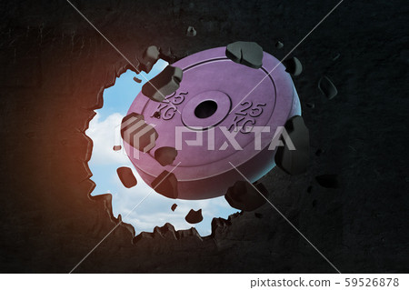 3d closeup rendering of 25 kg weight plate breaking hole in black wall with blue sky seen through 3d closeup rendering of 25 kg weight plate breaking hole in black wall with blue sky seen through 59526878