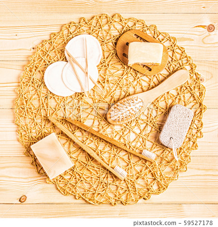 Set of bathroom accessories, top view. Set of bathroom accessories, top view. 59527178