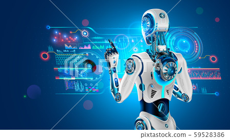 Robot with AI stands with back to viewer and works with industrial 3d virtual interface. Cyborg rear Robot with AI stands with back to viewer and works with industrial 3d virtual interface. Cyborg rear 59528386