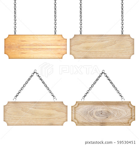 Wooden sign hanging on a chain isolated on white 59530451