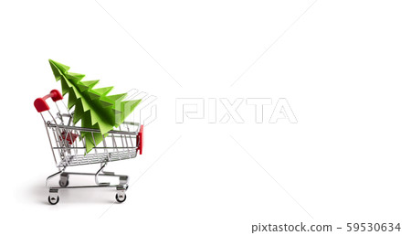 Shopping cart with Christmas tree inside on white Shopping cart with Christmas tree inside on white 59530634