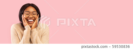 Excited Black Lady Smiling Touching Face Posing On Pink Background Excited Black Lady Smiling Touching Face Posing On Pink Background 59530836