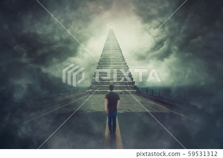 wanderer guy confident walking a surreal road and wanderer guy confident walking a surreal road and 59531312