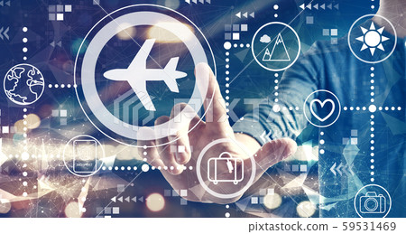 Airplane travel theme with a man on city background 59531469