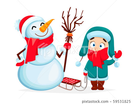 Funny snowman and cute girl 59531825