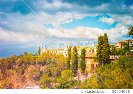 A panoramic view of Taormina, Giardini Naxos and A panoramic view of Taormina, Giardini Naxos and 59534038