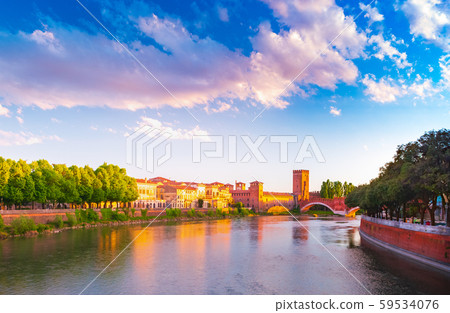 Panoramic view to Bridge Ponte Pietra in Verona on 59534076