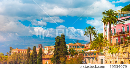 A panoramic view of Taormina, Giardini Naxos and 59534079