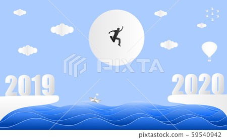 Young man jumping from year 2019 to year 2020 the 59540942