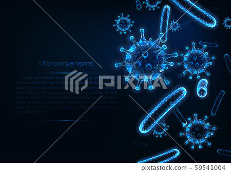 Futuristic immunology web banner with glowing low polygonal virus and bacteria cells. 59541004