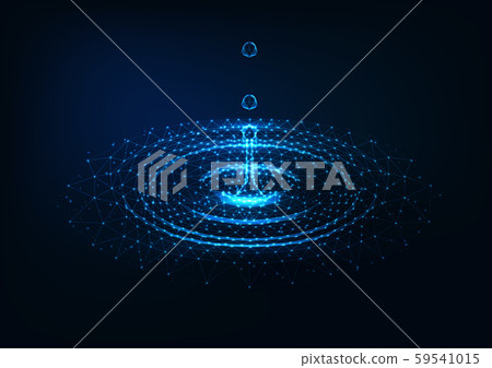 Futuristic glowing low poly falling water drops and water circle ripples on dark blue background. Futuristic glowing low poly falling water drops and water circle ripples on dark blue background. 59541015