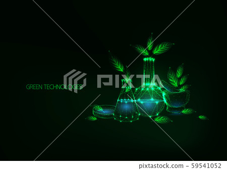 Futuristic eco friendly green technology concept with science laboratory glassware and green leaves 59541052