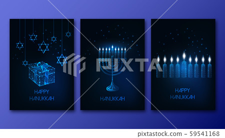 Futuristic glowing low polygonal Hanukkah posters set with menorah, candles, gift box and David star 59541168