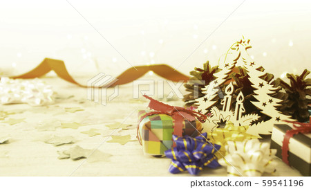 Christmas background: Origami presents and pine cones and Christmas tree ornaments Christmas background: Origami presents and pine cones and Christmas tree ornaments 59541196