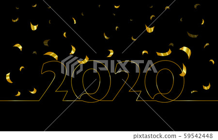 2020 New Year single continuous line art. Golden black holiday greeting card headline decoration 59542448