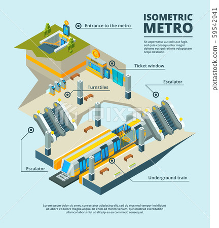 Isometric subway station. Multiple subway levels with tunnel train, escalator, entrance electric 59542941